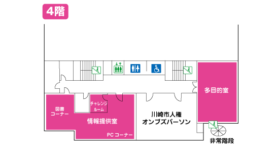 すくらむ21の4階フロアには、多目的室とフリースペースとして情報提供室があります。また、女性用トイレと多目的トイレがあります。